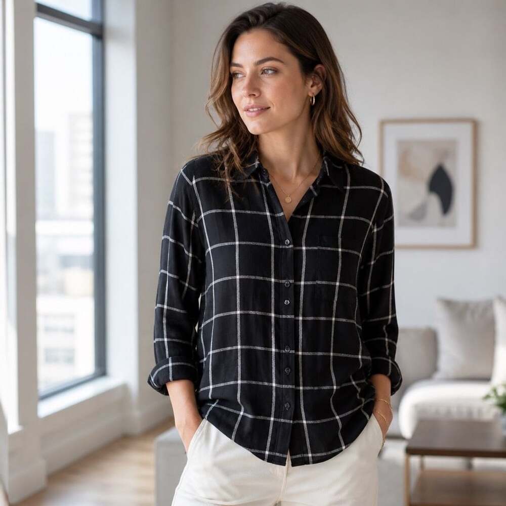 Banana Republic Black and White Windowpane Plaid Boyfriend Fit Button-Down Shirt